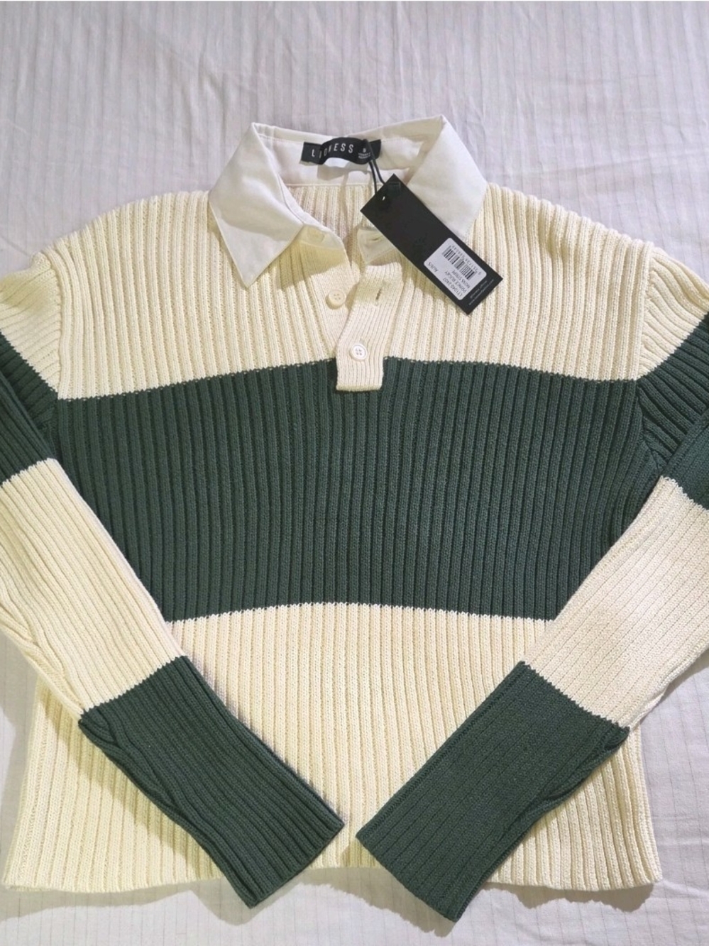Lioness Rising Sun Jersey Stripe Polo Sweater Beige Green Women’s S-M NWT